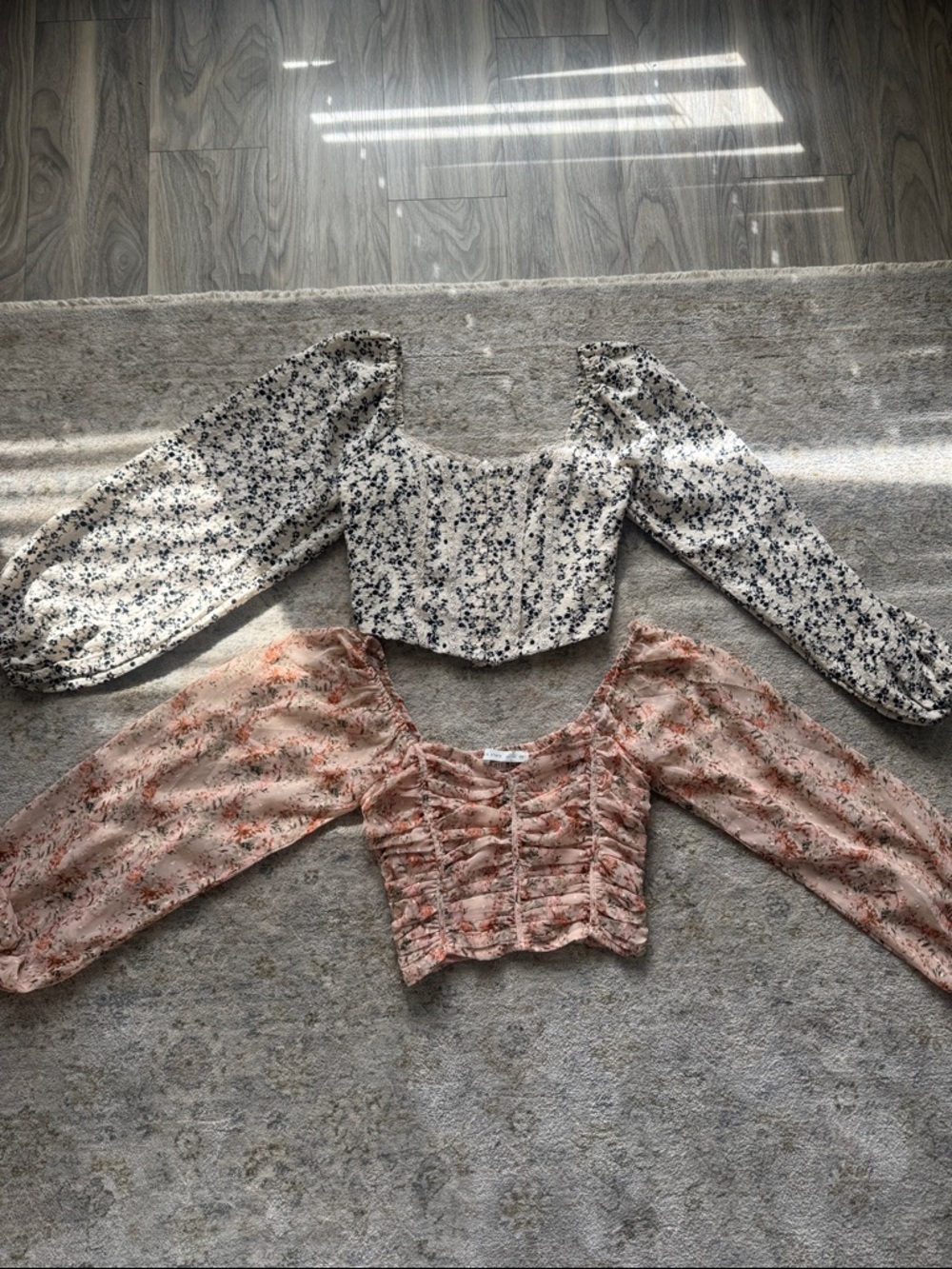 Floral Square-Neck Puff Sleeve Cropped Top - White and Peach Set of (2)
